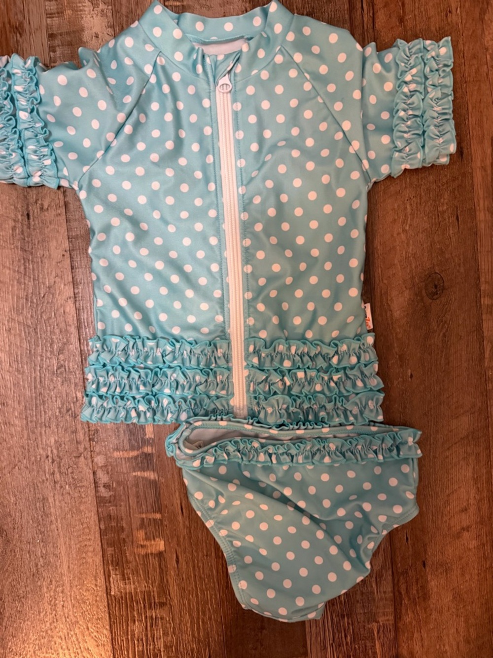Girls' Aqua Polka Dot Ruffle Zip Front Rash Guard Swim Set